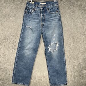 Levi's Premium Jeans Women 26x25 Blue Denim Ribcage Straight Distress Button Fly